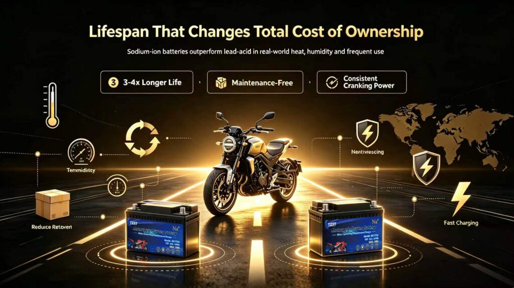 TZST sodium-ion motorcycle battery lifespan comparison with lead acid battery